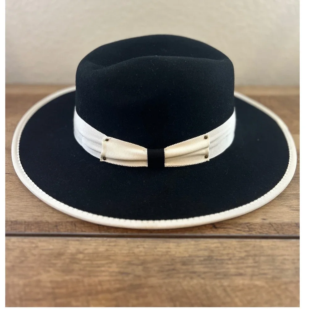 Bruno Capelo Black Australian Wool Fedora Hat Urban Collection Cream Trim Medium